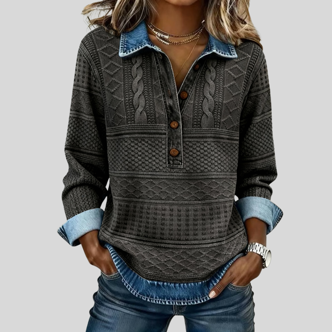 Amelia – Felpa in jersey intrecciato con dettagli in denim