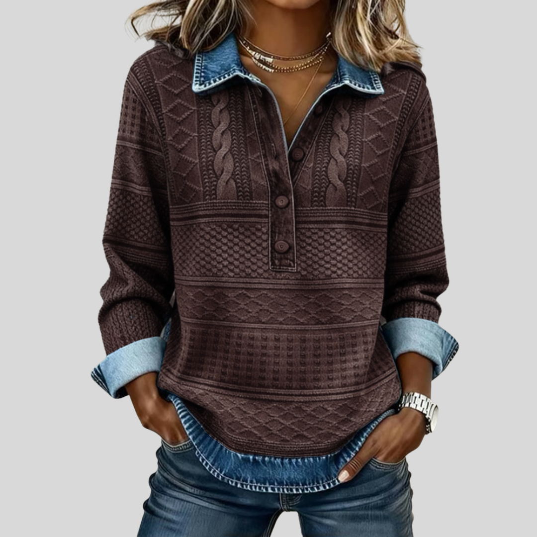 Amelia – Felpa in jersey intrecciato con dettagli in denim