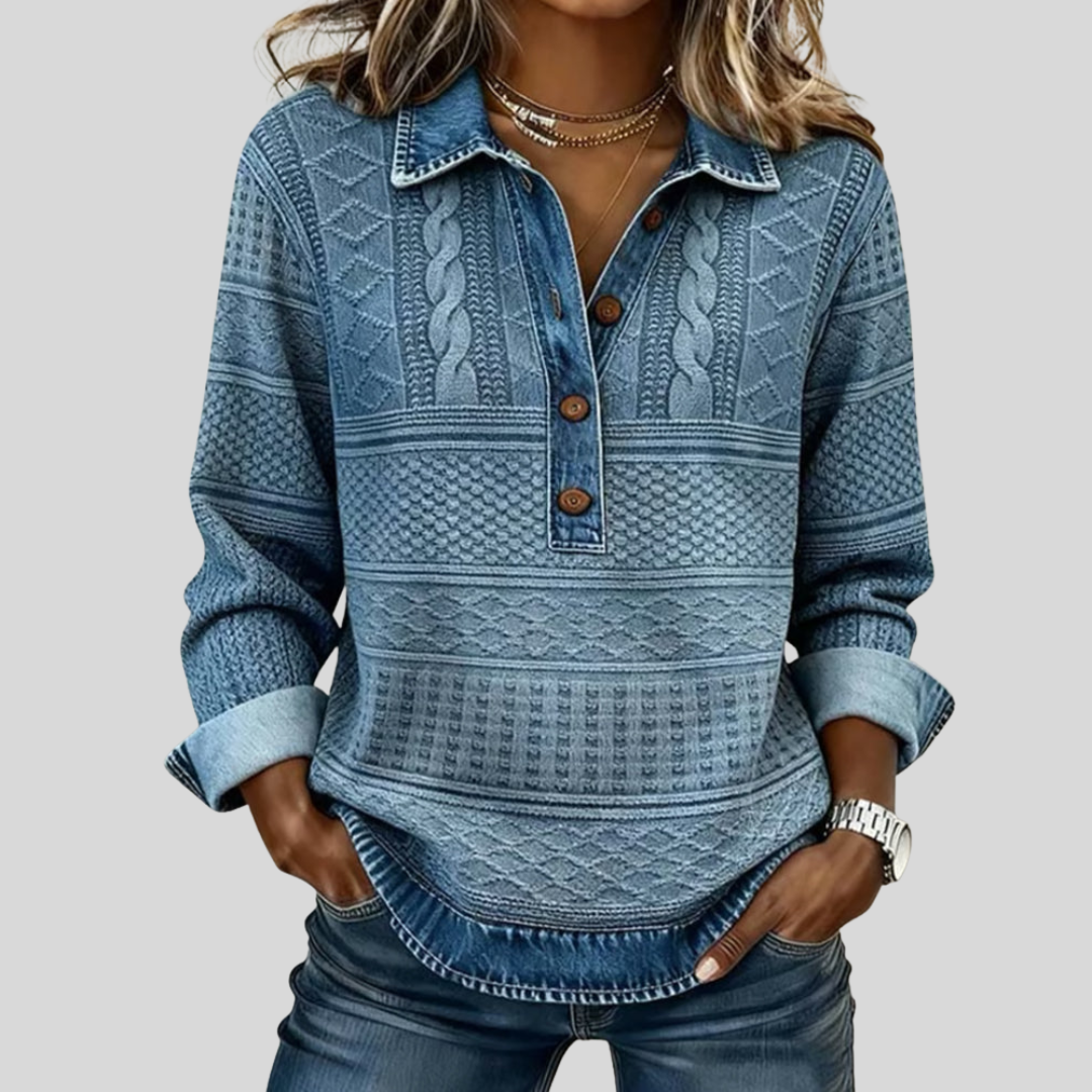 Amelia – Felpa in jersey intrecciato con dettagli in denim