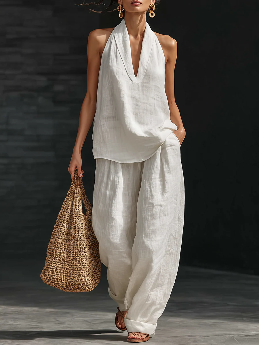 AYESHA - SLEEVELESS V-NECK TOP AND WIDE-LEG TROUSERS SET