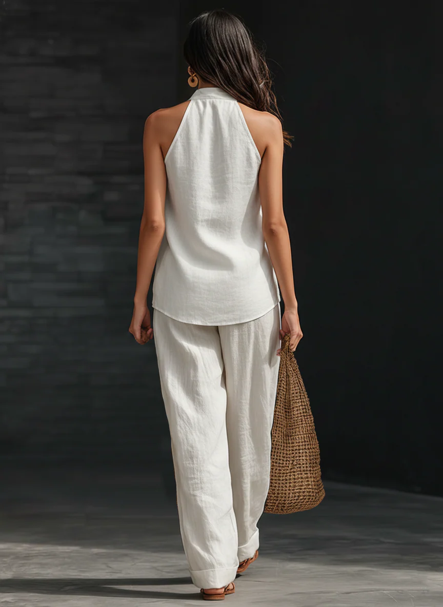 AYESHA - SLEEVELESS V-NECK TOP AND WIDE-LEG TROUSERS SET