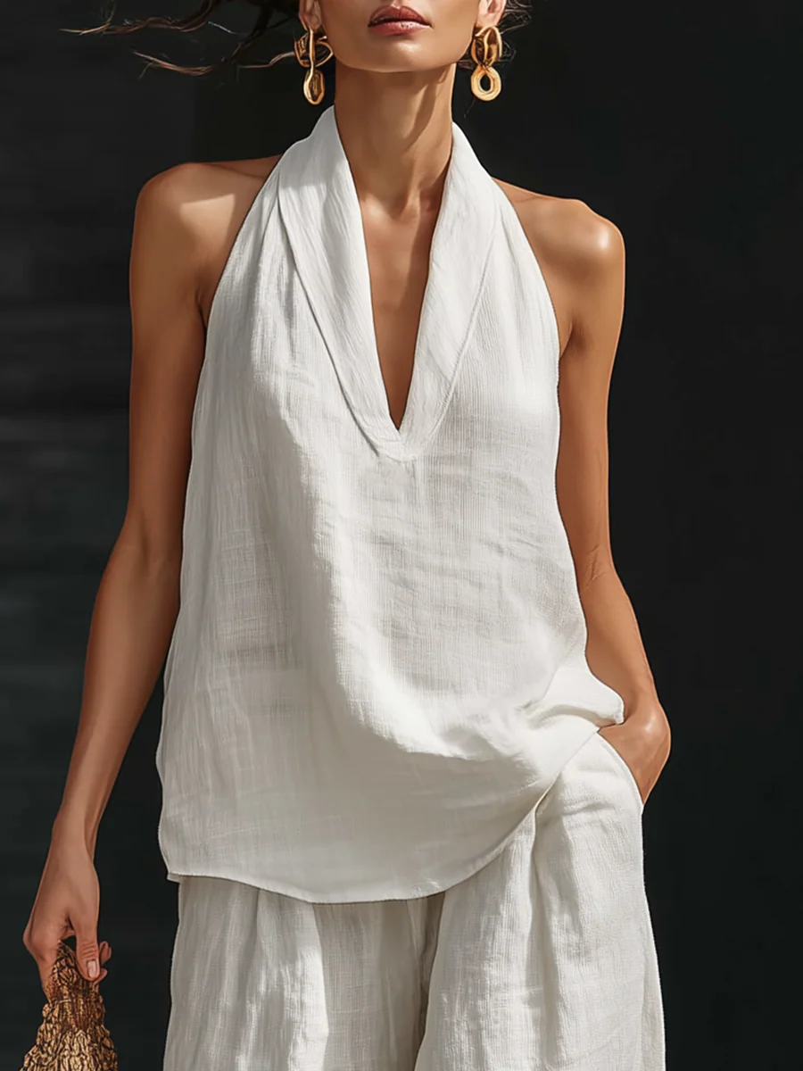 AYESHA - SLEEVELESS V-NECK TOP AND WIDE-LEG TROUSERS SET