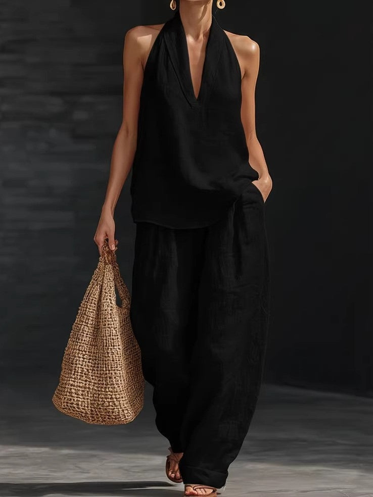 AYESHA - SLEEVELESS V-NECK TOP AND WIDE-LEG TROUSERS SET