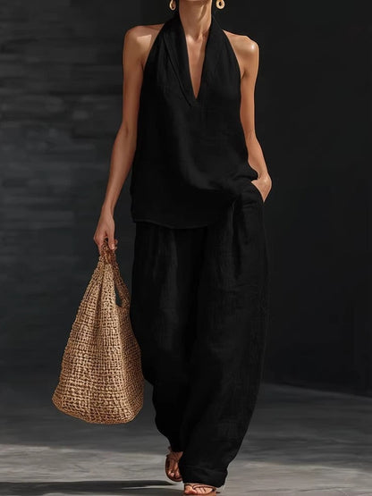 AYESHA - SLEEVELESS V-NECK TOP AND WIDE-LEG TROUSERS SET