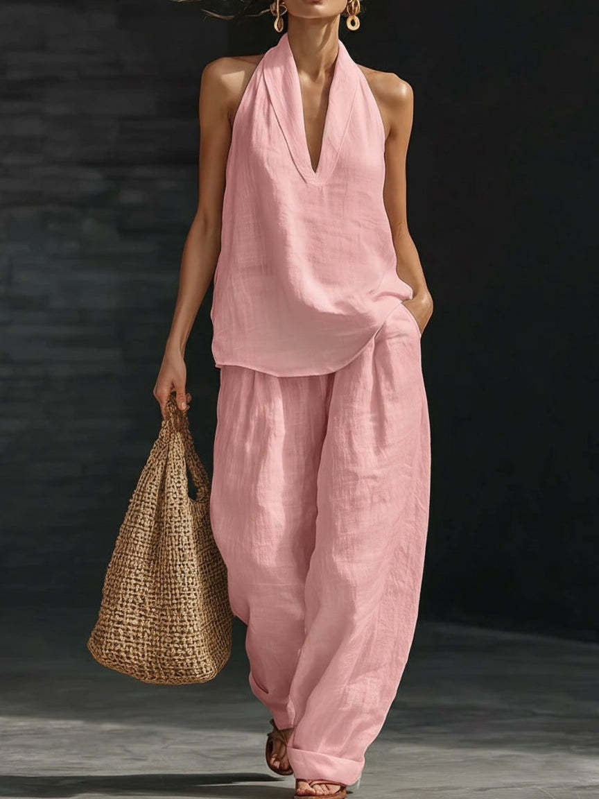 AYESHA - SLEEVELESS V-NECK TOP AND WIDE-LEG TROUSERS SET